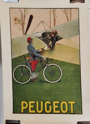 une affiche représentant un homme à vélo avec un chien à l'arrière