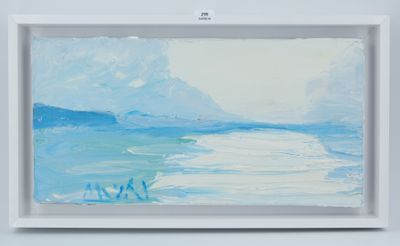 une peinture à l'huile représentant une scène de plage, dans un cadre blanc