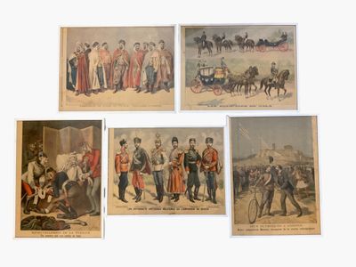 four old postcards of men in military uniforms with horses and carriages