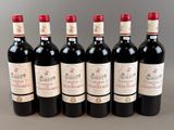 six bottles of red wine lined up in a row on a table