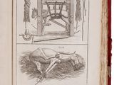 an old book with a drawing of a man laying on the ground