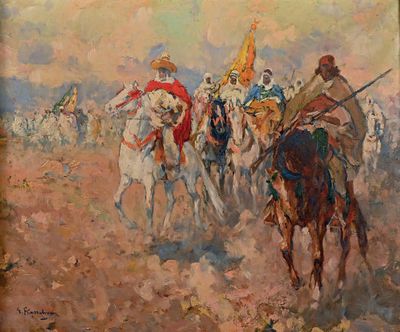 un tableau représentant un groupe d'hommes à cheval