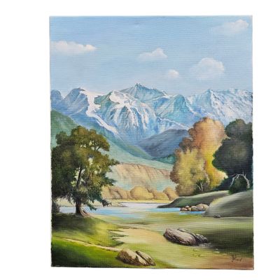 une peinture à l'huile représentant un paysage de montagne avec une rivière et des arbres