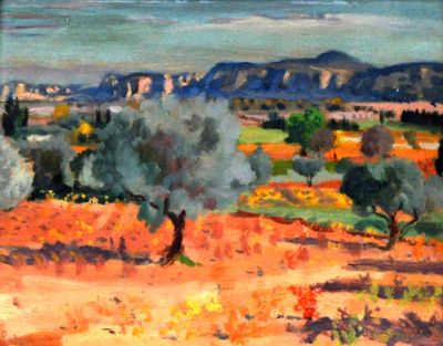 painting of a landscape with olive trees and mountains in the distance