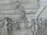 a drawing of a group of people standing in front of a building