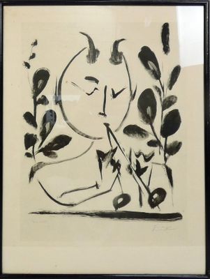 dessin en noir et blanc encadré représentant un chat et une plante