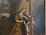 an old painting of a woman holding a child and a cross