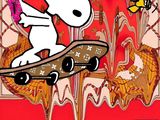 snoop on a skateboard with a donut in his hand and other characters in the background