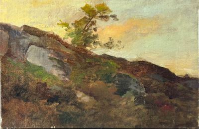 an oil painting of a tree on a hill with a sky background