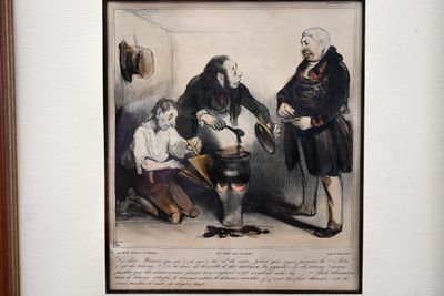 tableau représentant un homme en manteau noir et une femme en robe blanche, ainsi qu'un homme en manteau noir et une femme en robe blanche