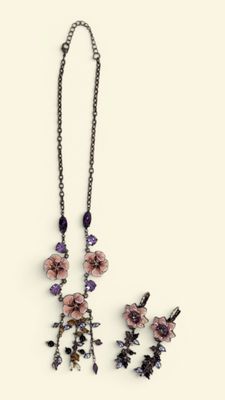 necklace and earring set with pink flowers and purple crystals