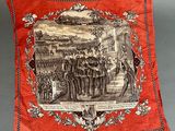 an image of a red and white cloth with a picture of men on it