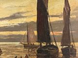 many boats that are out on the water at sunset