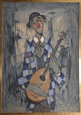 tableau représentant un homme tenant une guitare à la main