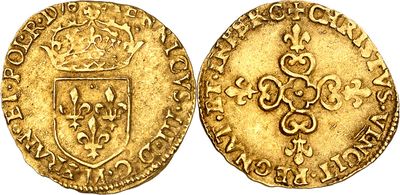 a gold coin with a crown on the front and a shield on the back
