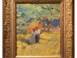 a painting of two women in a field with a tree in the background