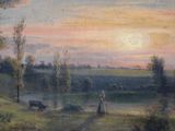 a painting of a woman and two cows in a field