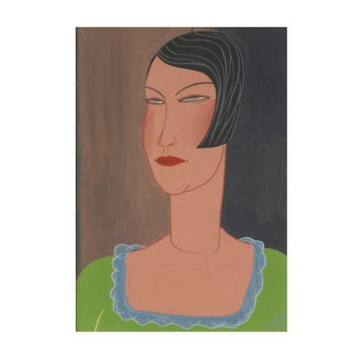 a painting of a woman in a green dress with a black hair
