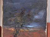 a painting of a tree on a shelf next to two books