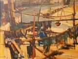 une peinture représentant un bateau posé sur l'eau