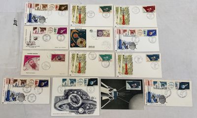 a lot of stamps that are on the table