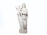 the statue of a woman holding a child is shown against a white background