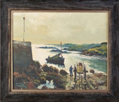 an oil painting of a group of people standing on a rocky beach