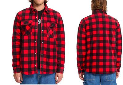 the man is wearing a red and black flanned shirt
