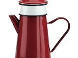 cafetière en émail rouge avec un couvercle blanc et un rebord noir