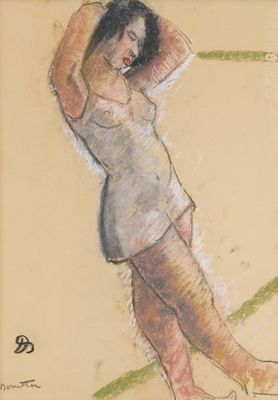 painting of a woman in a bathing suit standing on a beach