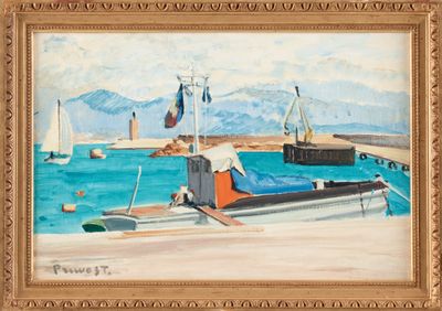 une peinture à l'huile représentant un bateau amarré dans un port, avec des montagnes en arrière-plan