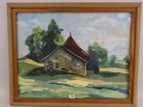 an oil painting of a house in a field with trees in the background