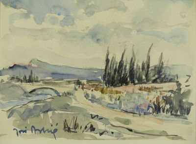peinture représentant un paysage avec des arbres et une montagne au loin