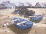 tableau représentant trois bateaux sur la plage, avec une maison en arrière-plan