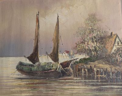 une peinture représentant un bateau sur un plan d'eau