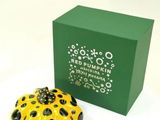 a yellow and black polka dot pumpkin next to a green box