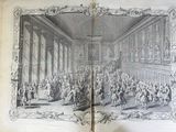 a large open book with a drawing of a court scene