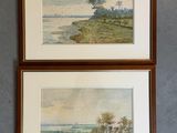 two framed paintings of a view of a lake and a tree