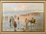 une peinture représentant un groupe de personnes marchant sur la plage