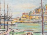 un dessin représentant des bateaux amarrés dans un port par une journée ensoleillée