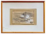 an image of a drawing of a rocky beach with waves coming in