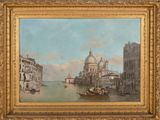 une peinture à l'huile représentant une vue de ville avec un bateau sur l'eau