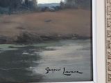 an image of a painting of a landscape with a river in the foreground