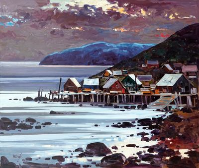 une peinture à l'huile représentant un village au bord d'un plan d'eau, avec des montagnes en arrière-plan
