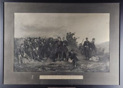 painting of a group of men standing on a hill in front of a crowd of people