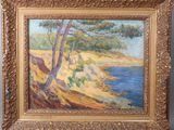 an oil painting of a landscape with trees and a body of water