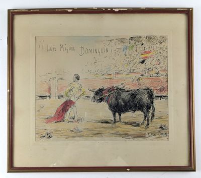 drawing of a bull and a woman in a red dress in a bullfight