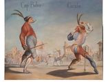 a painting of two men playing a game of tennis