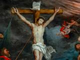 a painting of jesus on the cross with other people