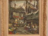 an image of a painting of a street scene with a mountain in the background